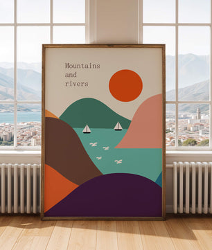 Abstract landscape with vibrant colors and geometric shapes