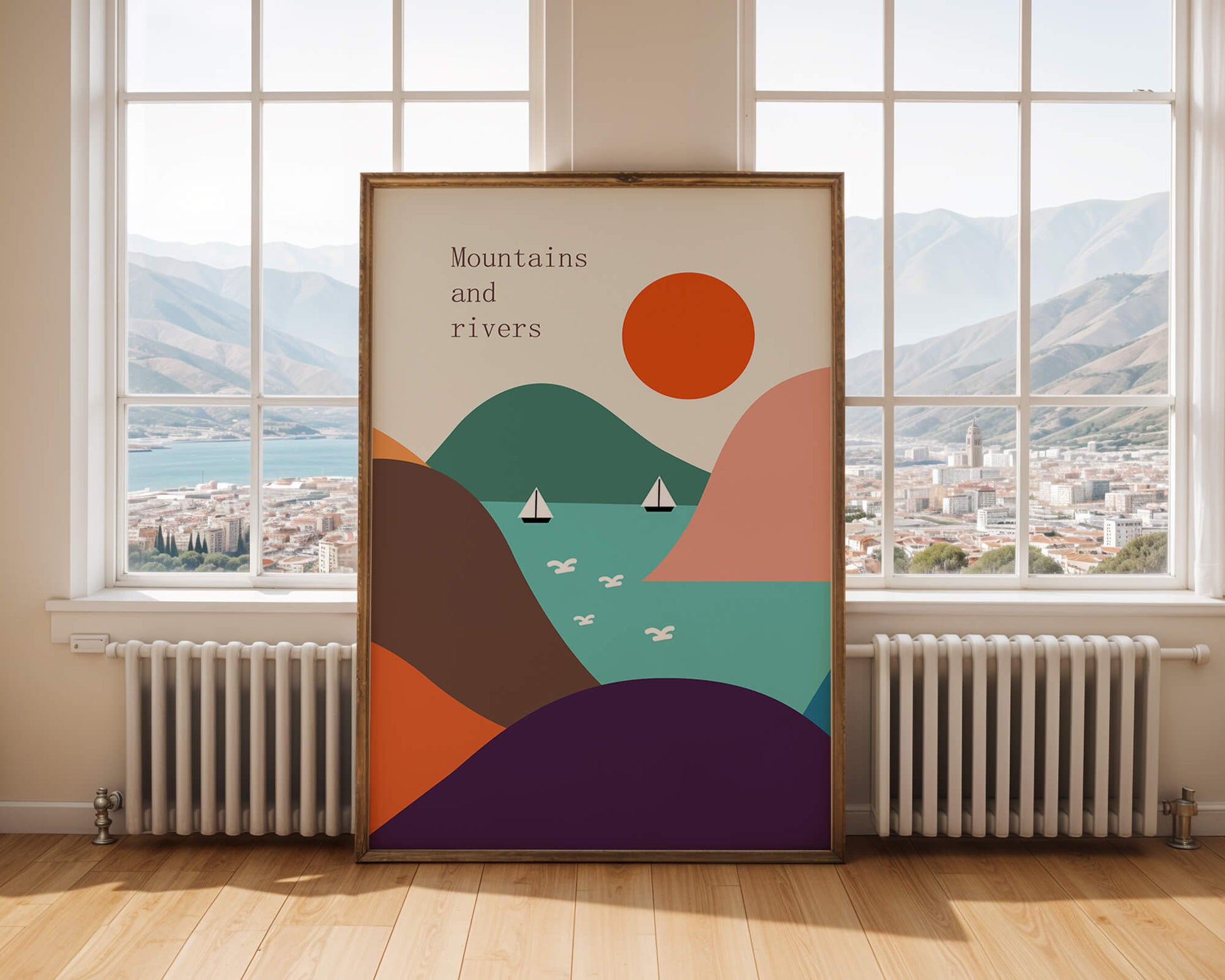 Abstract landscape with vibrant colors and geometric shapes