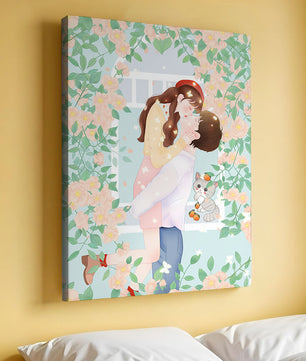 Romantic Kiss Amidst Blooming Flowers And Playful Cat