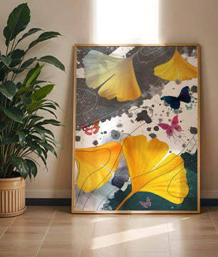 Artistic Composition with Yellow Leaves and Butterflies