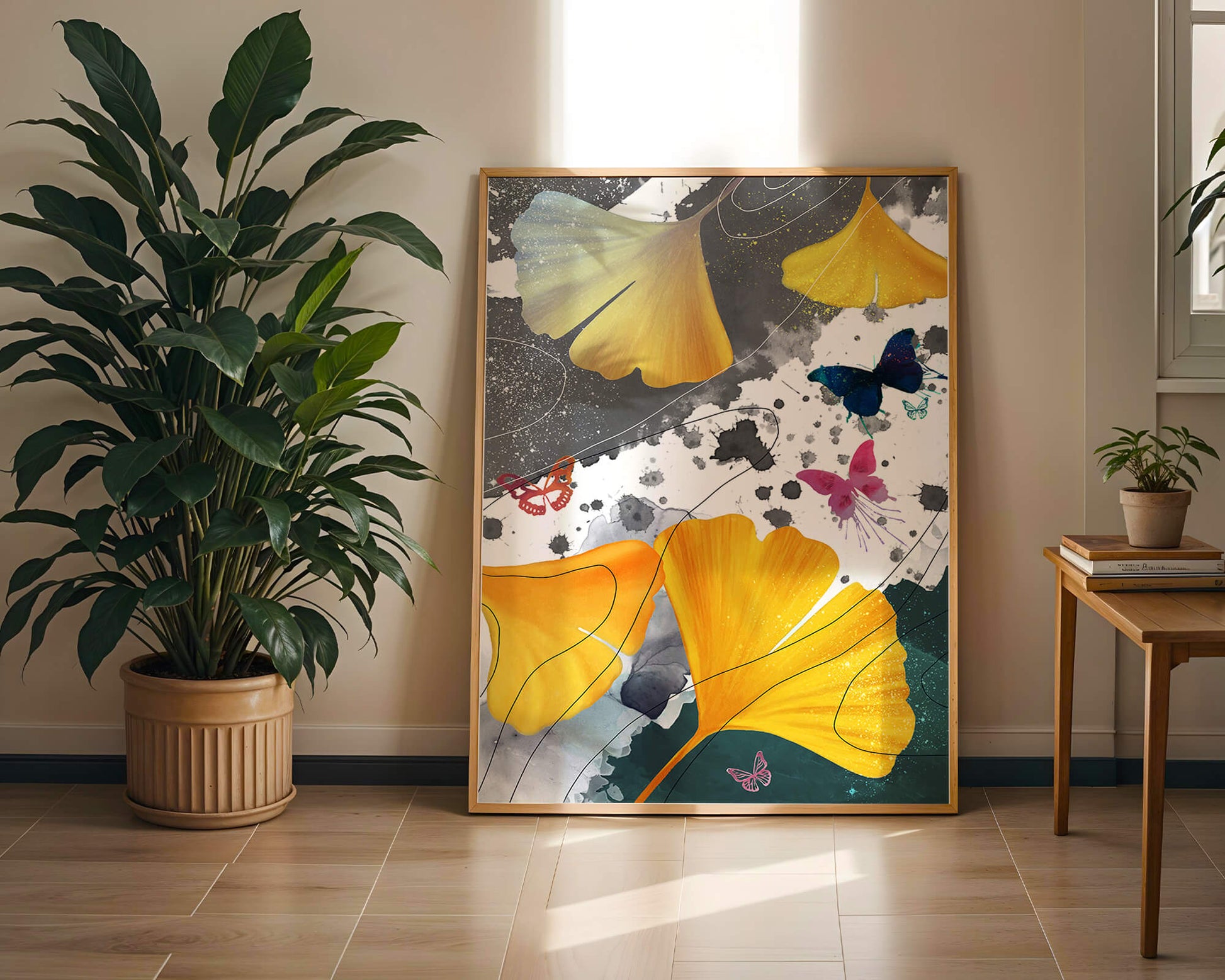 Composición artística con hojas amarillas y mariposas