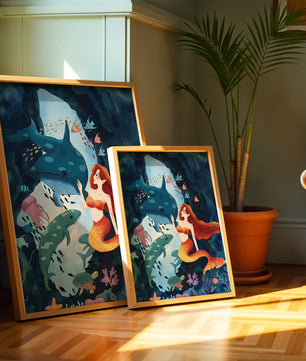 Underwater scene with a mermaid interacting with sea creatures in a vibrant ocean cave