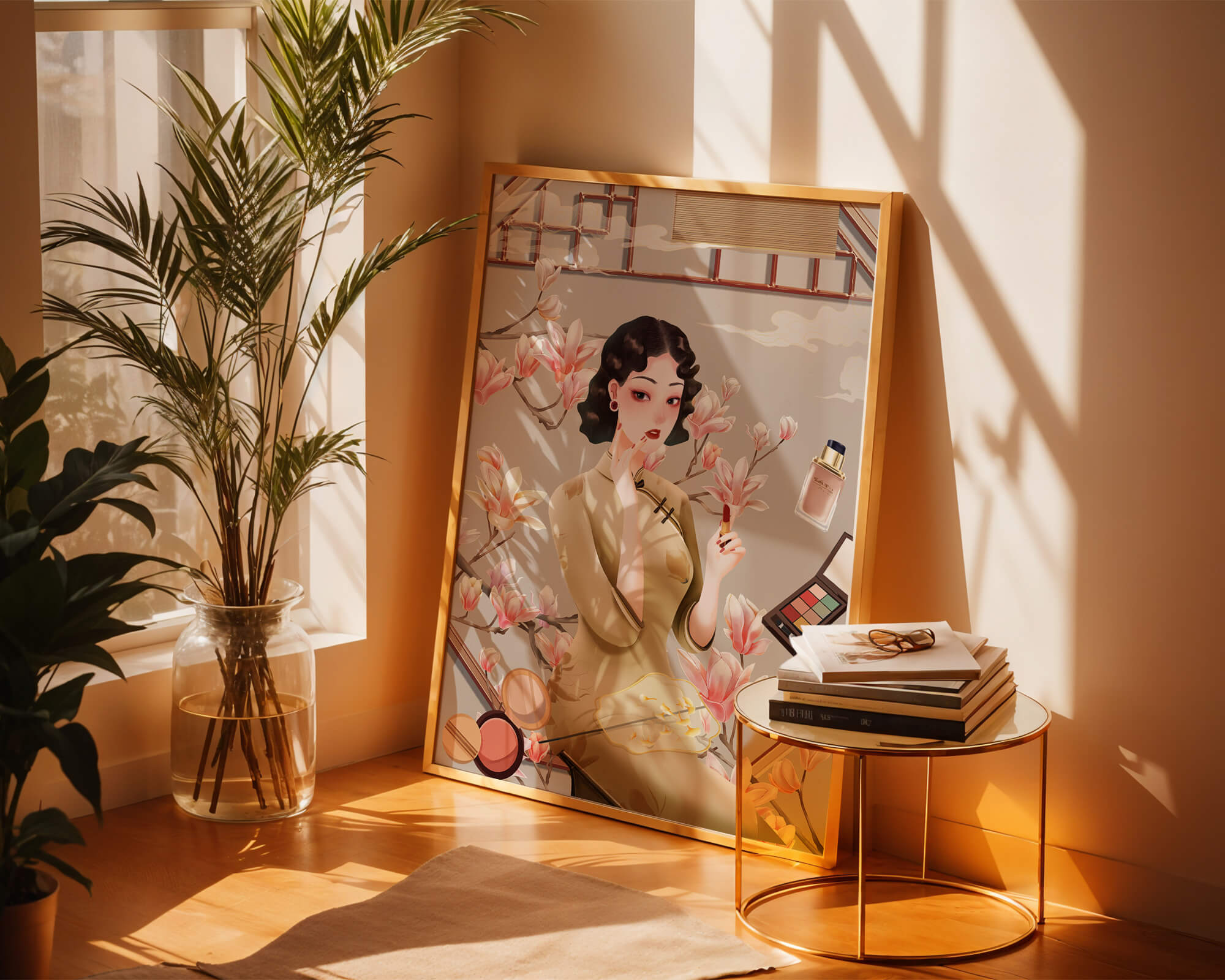 Elegant illustration of a woman with makeup and magnolia flowers
