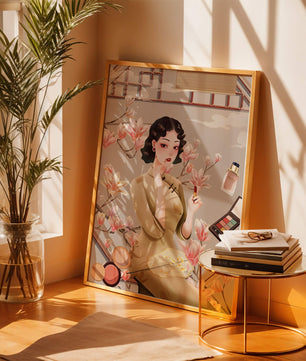 Elegant illustration of a woman with makeup and magnolia flowers
