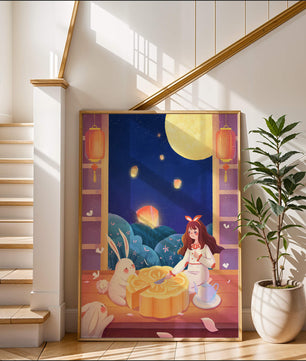 Moonlit Night with Lanterns and Tea Ceremony Featuring Rabbits and Mooncakes