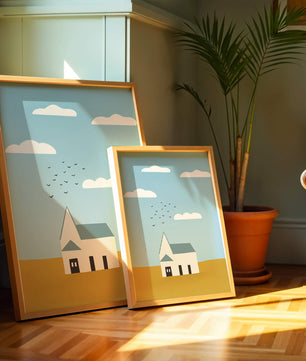 Paisaje minimalista con una casa blanca y cielo