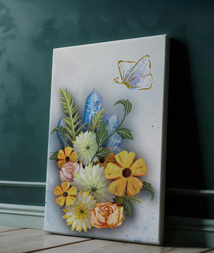 Floral and crystal arrangement with golden butterfly