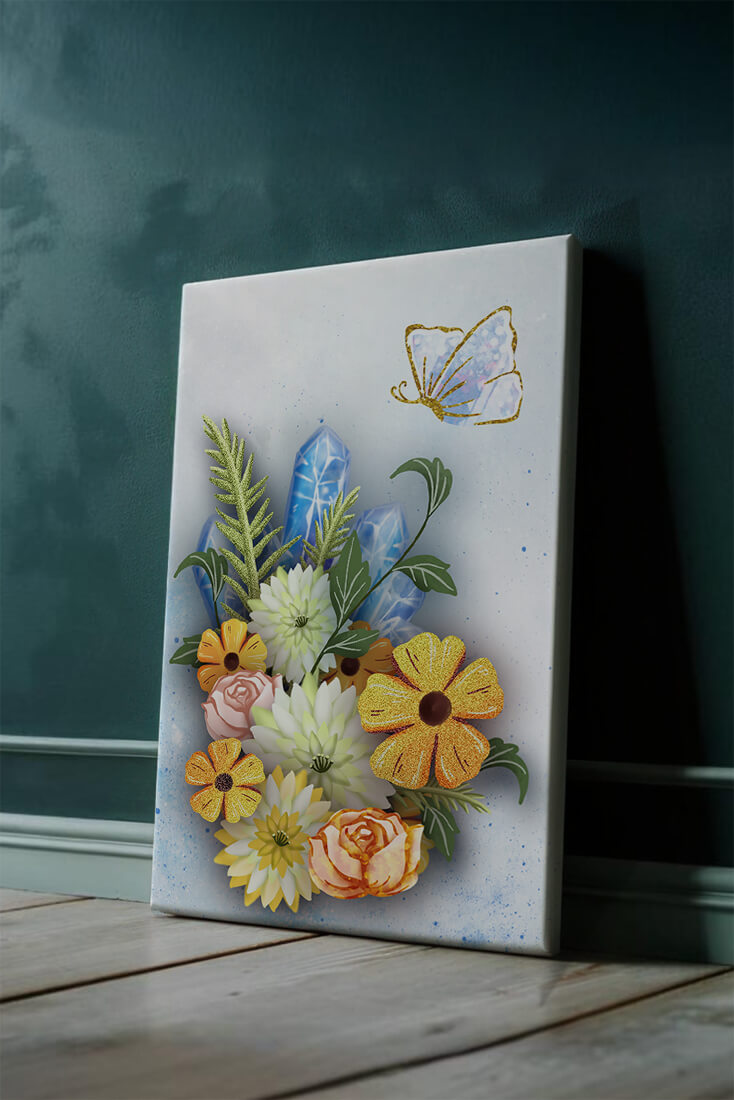 Floral and crystal arrangement with golden butterfly