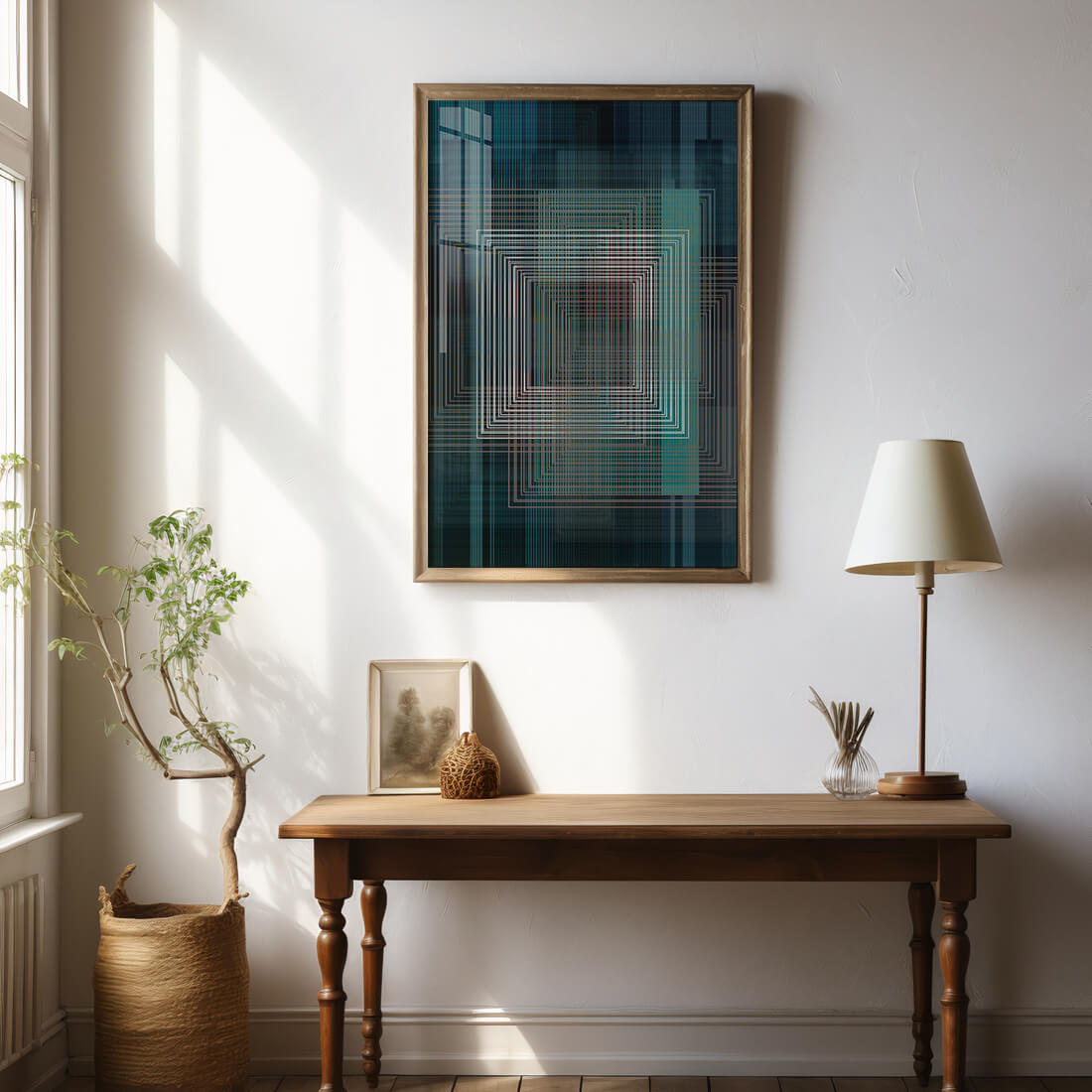 Art abstrait géométrique avec des carrés linéaires superposés