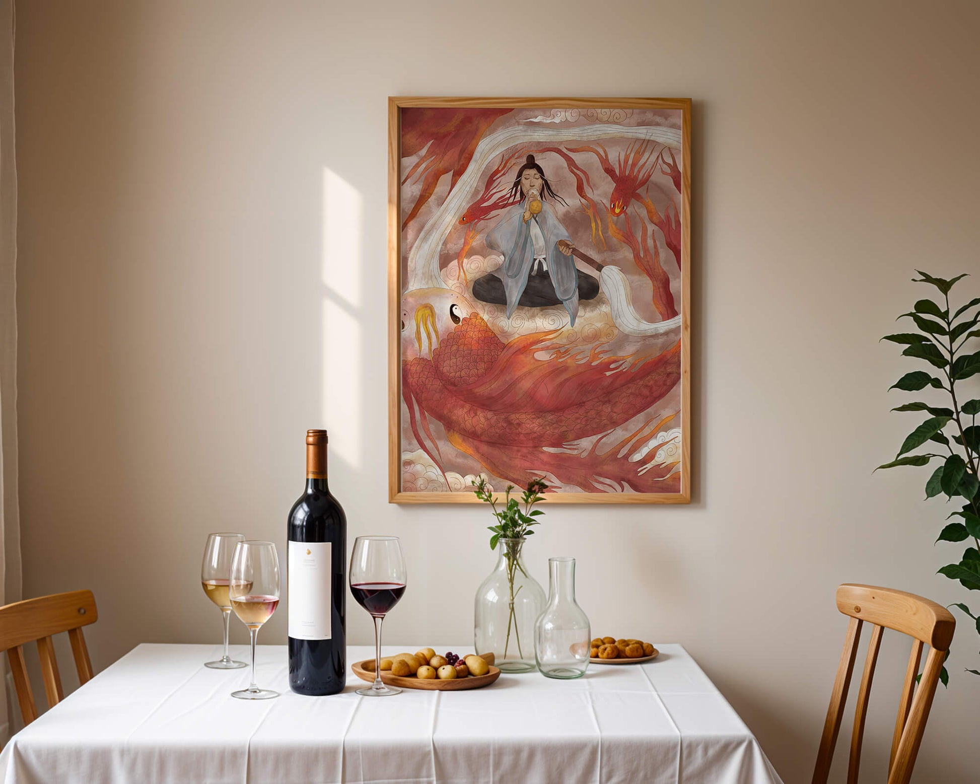Serene meditation with mystical elements and mythical creatures