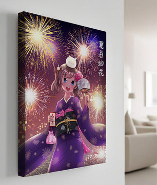 Girl in Yukata Celebrating Fireworks Festival with Cat and Fan