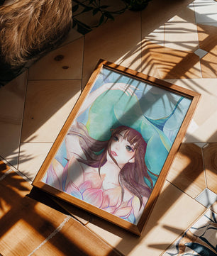 Serene water-inspired portrait of a woman with flowers