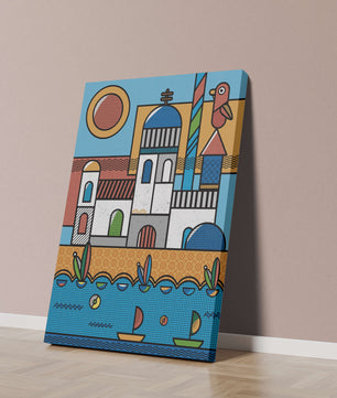 Bunte geometrische Küstendorf-Illustration mit Vögeln und Booten