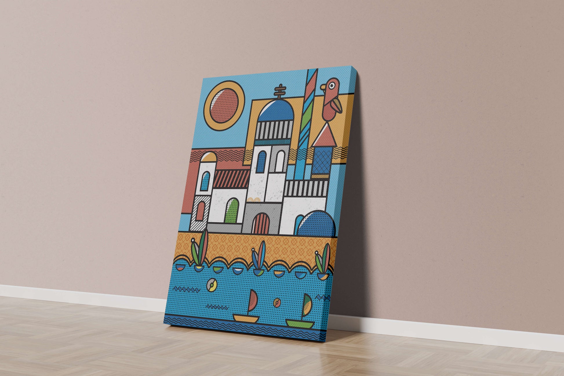 Bunte geometrische Küstendorf-Illustration mit Vögeln und Booten