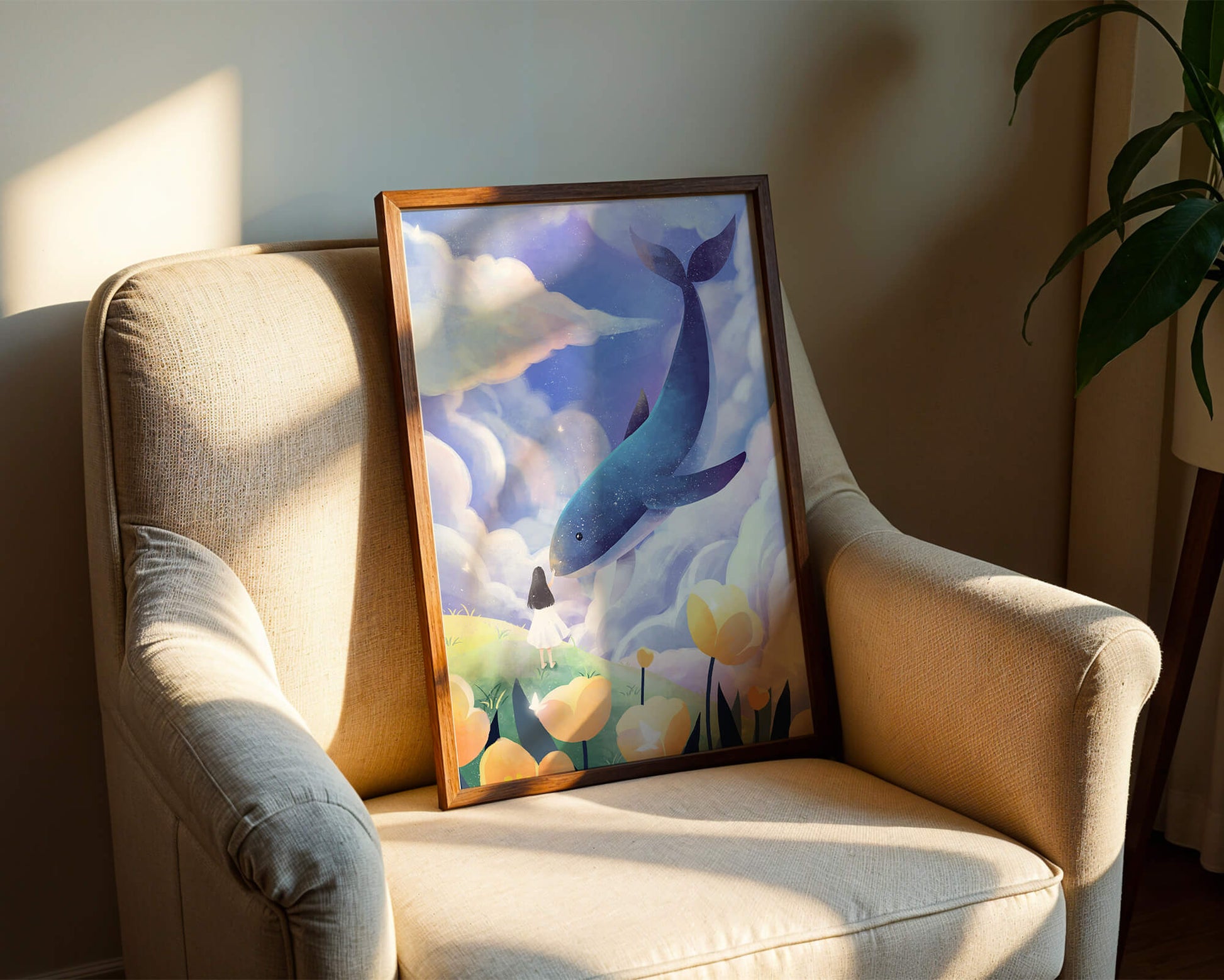 Paisaje surrealista con una ballena gigante y elementos caprichosos