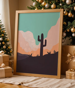Abstract desert landscape with cactus silhouette at sunset