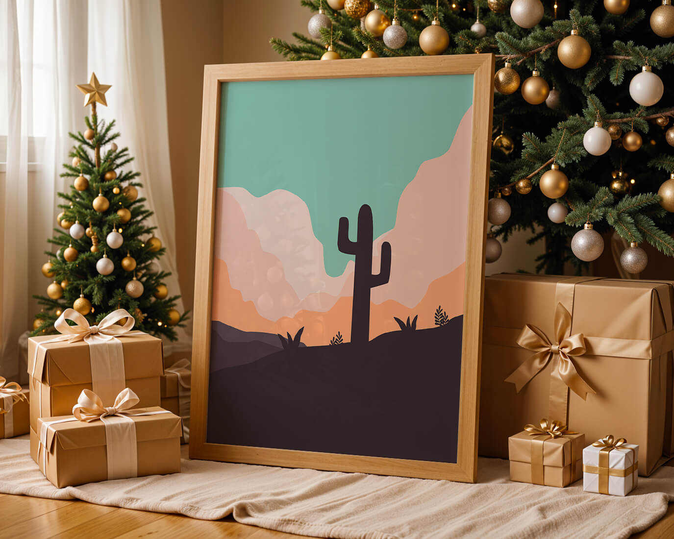 Abstract desert landscape with cactus silhouette at sunset