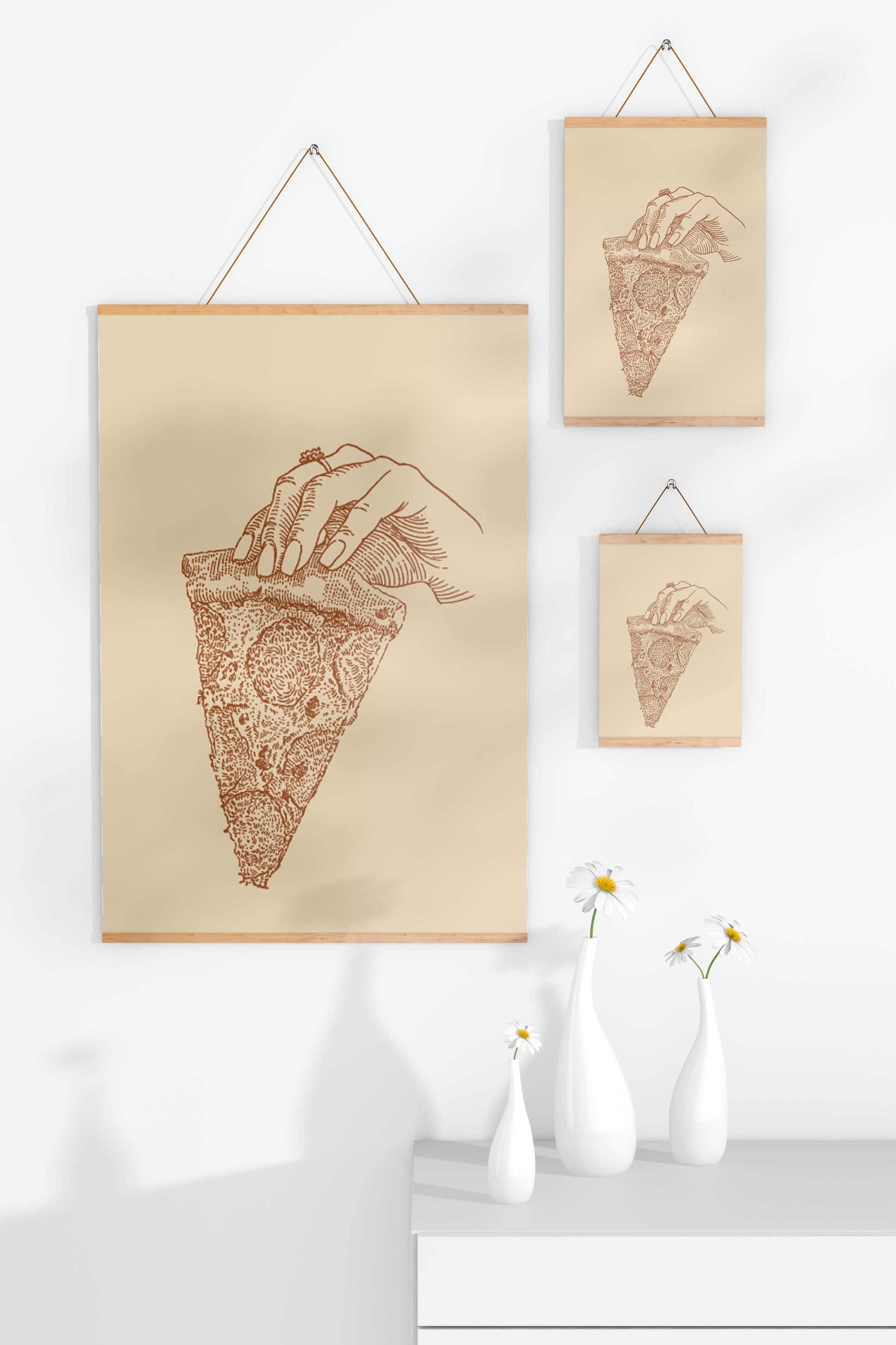 Hand holding a detailed vintage pizza slice illustration