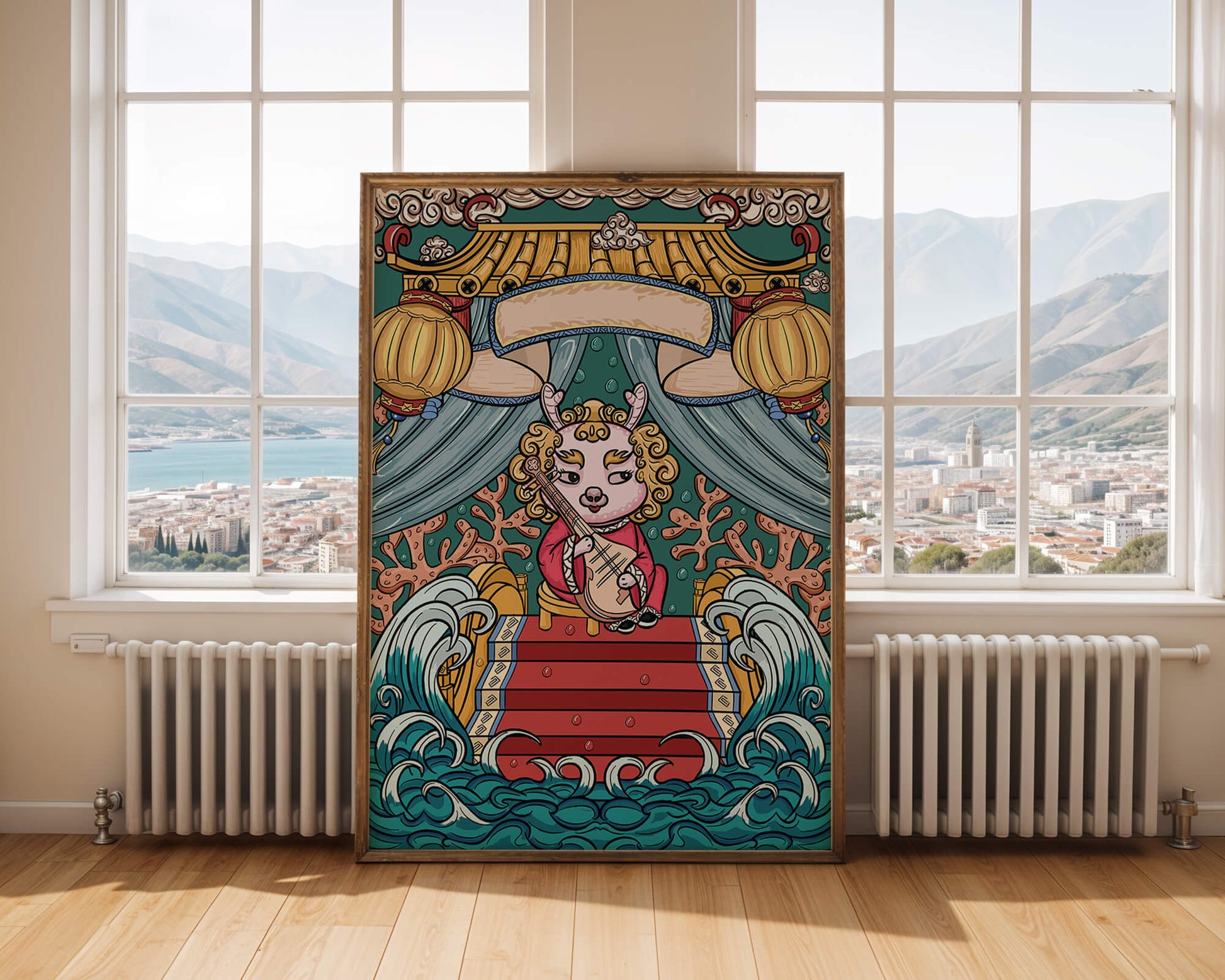 Illustration of a whimsical animal playing a stringed instrument in a fantastical setting