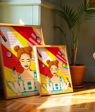 Ilustración de arte pop vibrante con una niña sonriente con maquillaje colorido y patrones audaces