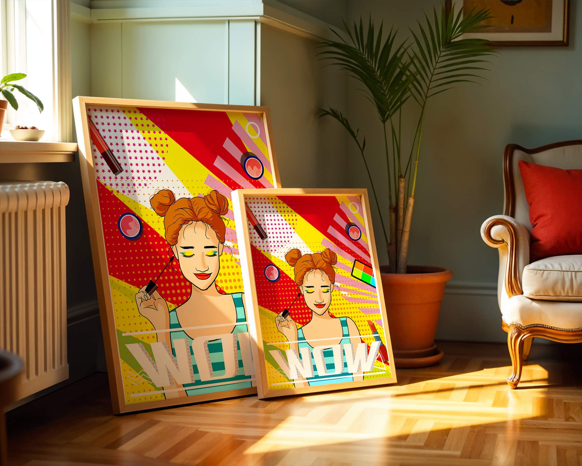 Ilustración de arte pop vibrante con una niña sonriente con maquillaje colorido y patrones audaces