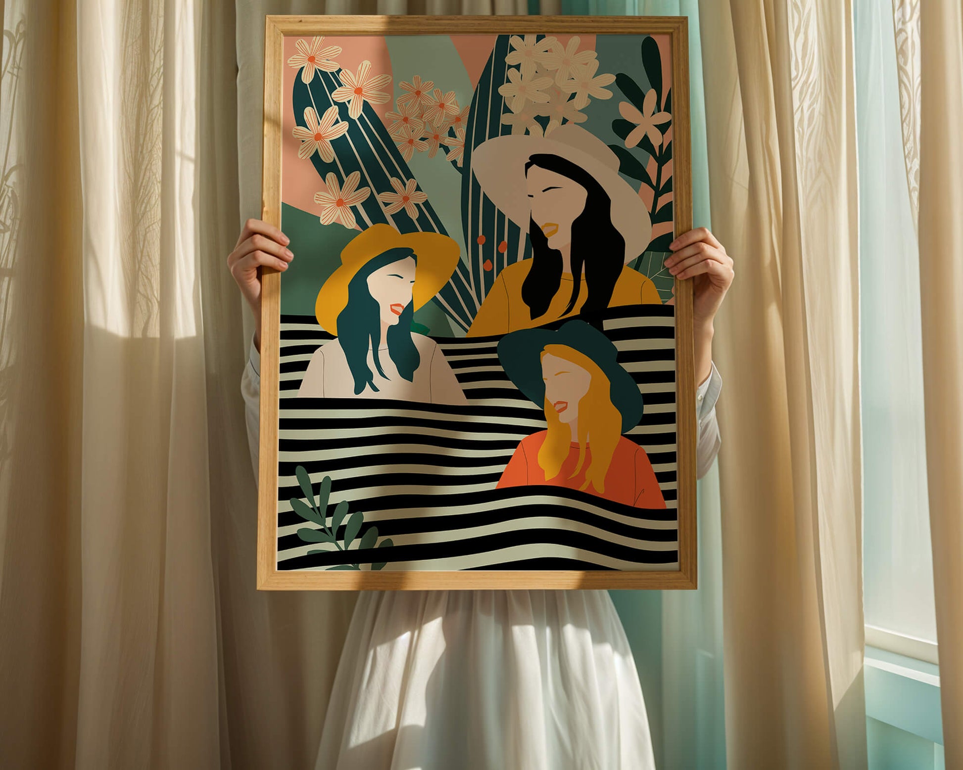 Illustration abstraite colorée de trois femmes avec des éléments floraux et botaniques