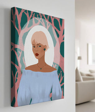 Illustration einer Frau mit einem pastellfarbenen Hintergrund aus abstrakten Bäumen