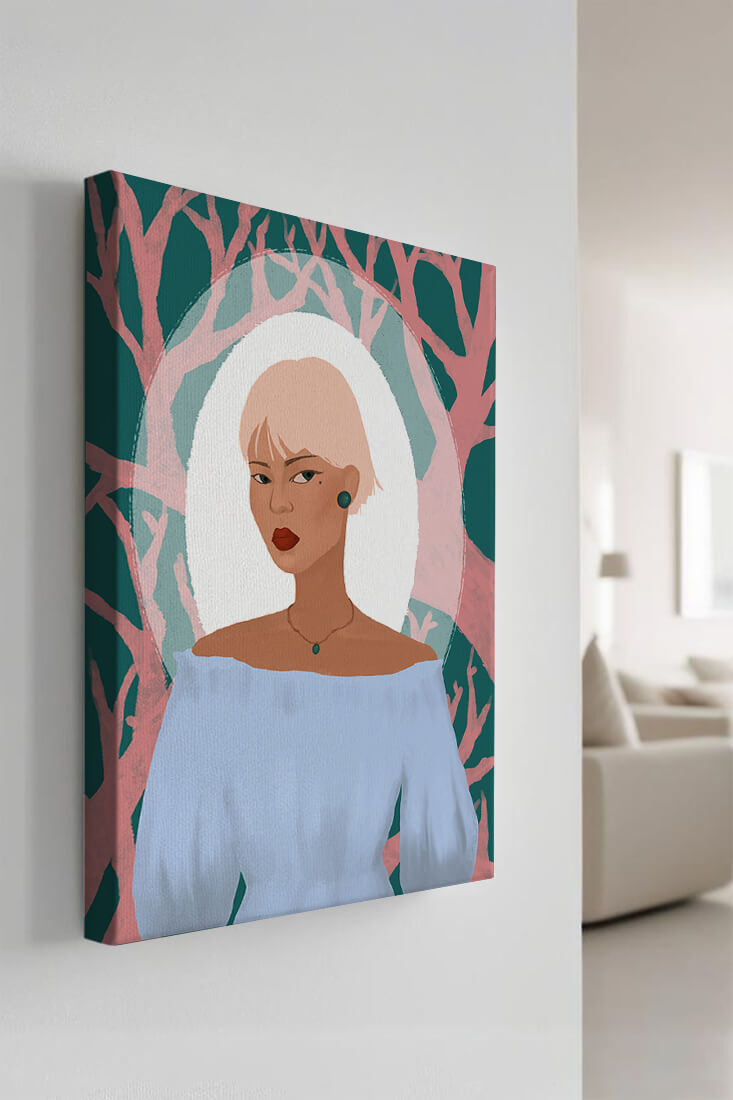 Illustration einer Frau mit einem pastellfarbenen Hintergrund aus abstrakten Bäumen