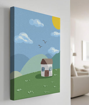 Illustration of a small house on a sunny hillside with clouds in a blue sky