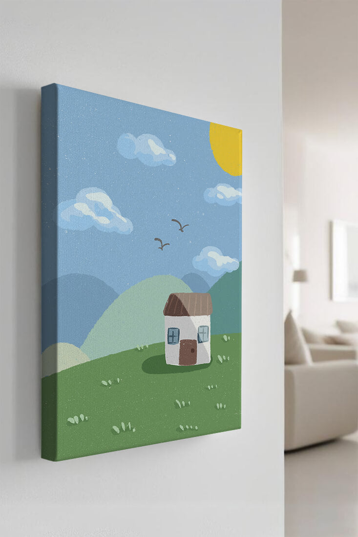 Illustration of a small house on a sunny hillside with clouds in a blue sky