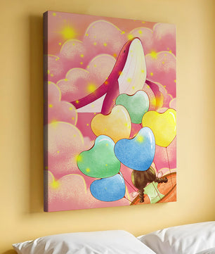 Globos con forma de corazón y ballena en una escena caprichosa y colorida