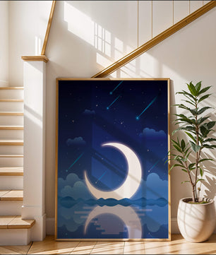 Serene night sky with crescent moon reflecting on water