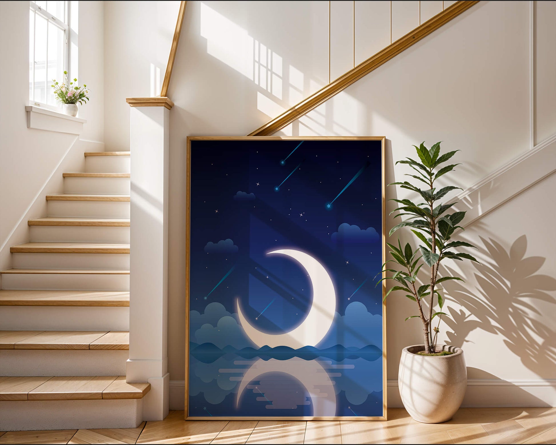 Serene night sky with crescent moon reflecting on water