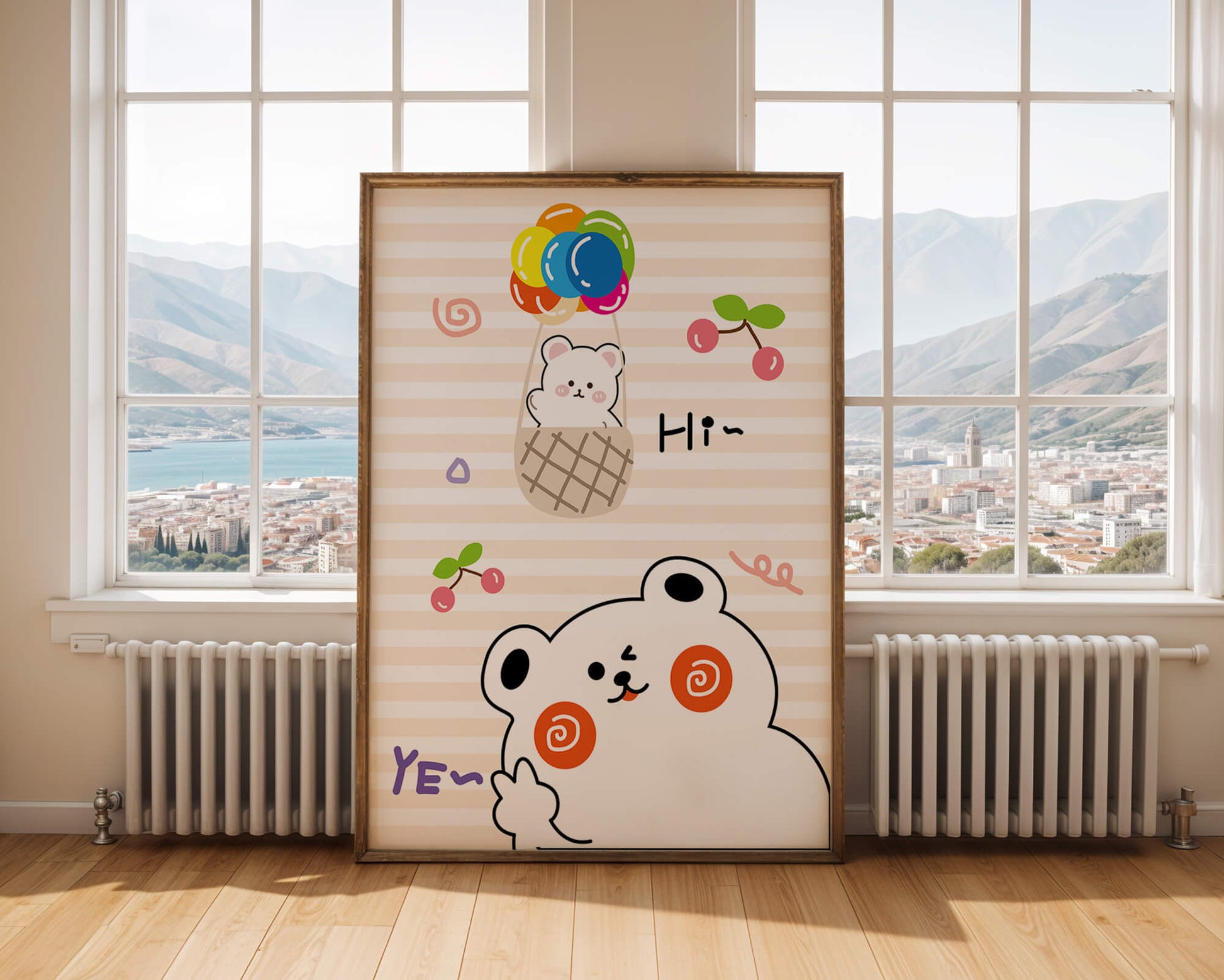 Adorable bears with colorful balloons and cherries on striped background