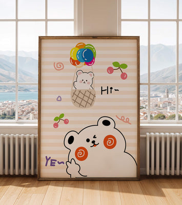 Adorable bears with colorful balloons and cherries on striped background