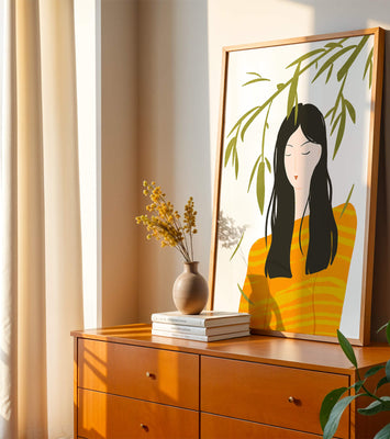 Woman in orange sweater with foliage backdrop illustration