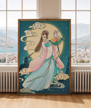 Traditional Asian-inspired artwork featuring a woman and rabbit under a moonlit sky