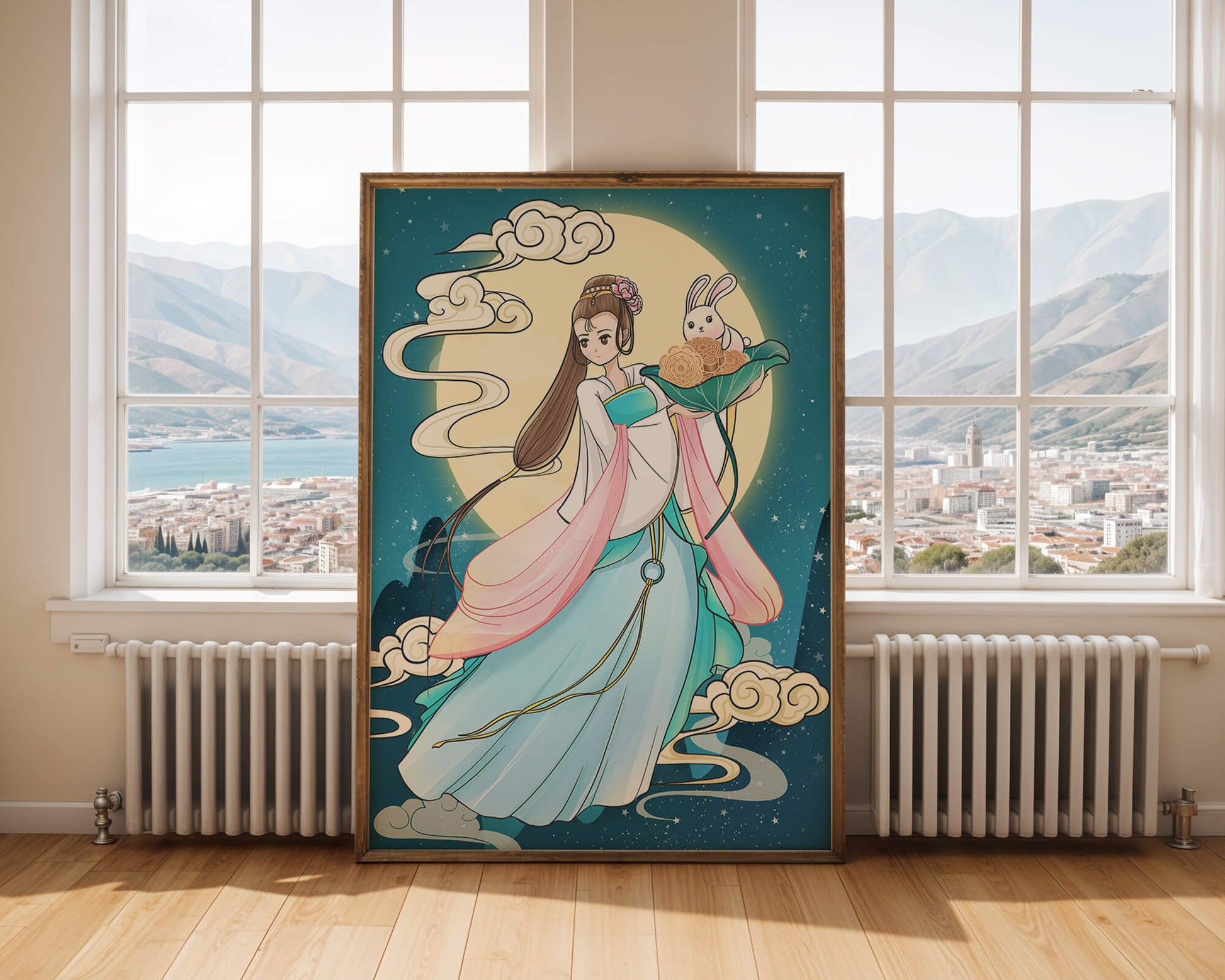 Traditional Asian-inspired artwork featuring a woman and rabbit under a moonlit sky