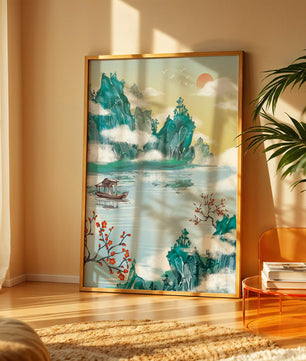 Serene lake scene with traditional boat and mountains under morning sun