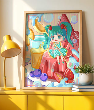 Scène de dessert fantaisiste avec un personnage mignon et des couleurs vives
