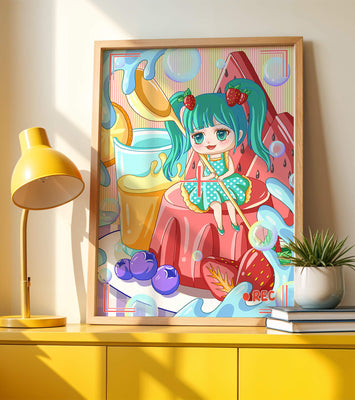 Whimsical dessert scene with cute character and vibrant colors