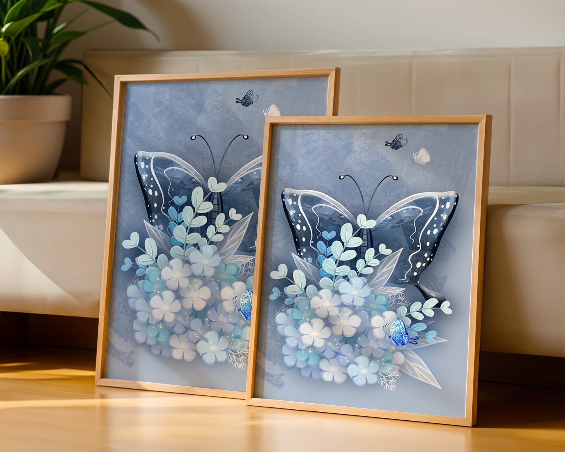 Floral and butterfly digital artwork in calming blue shades
