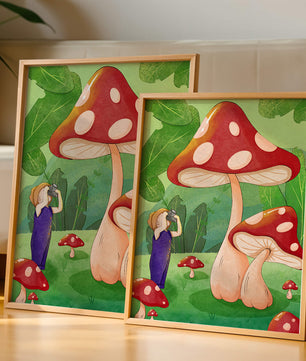 Playful illustration of a child with oversized mushrooms in a whimsical forest setting