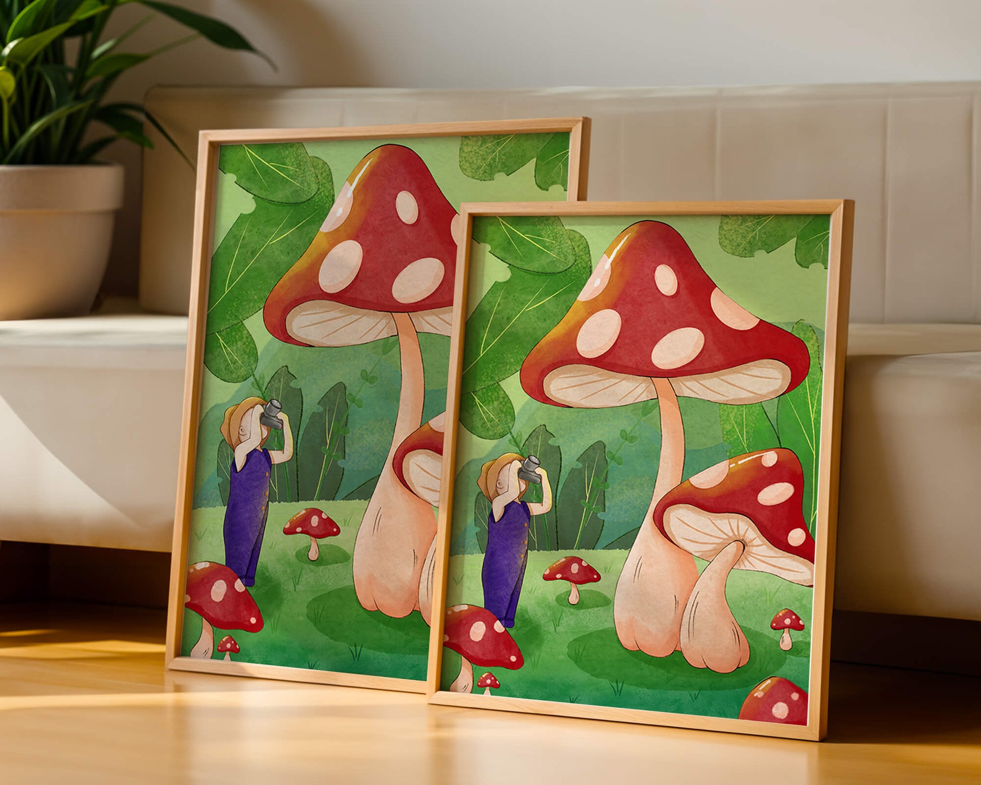 Playful illustration of a child with oversized mushrooms in a whimsical forest setting