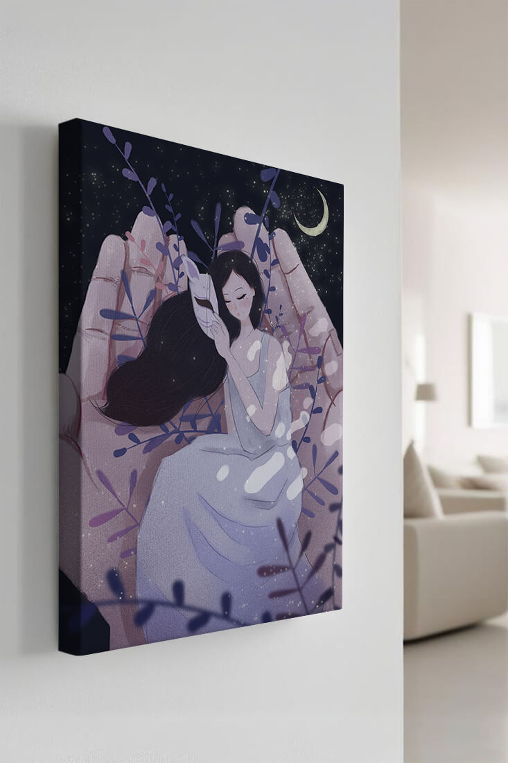 Un momento tierno bajo la luz de la luna con máscara y atmósfera onírica