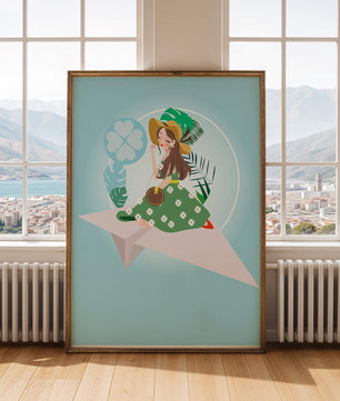 Mujer en un avión de papel con fondo de tema tropical