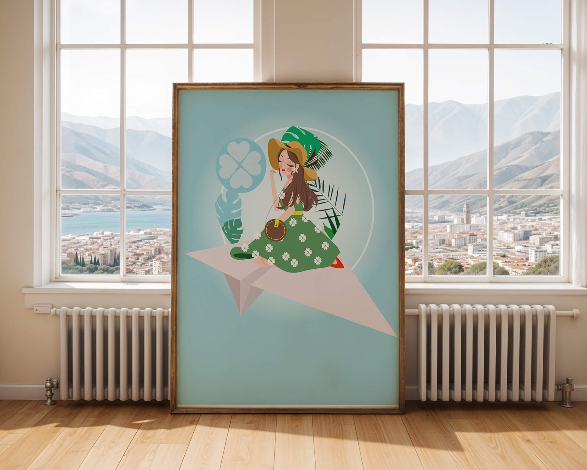 Woman on paper plane with tropical theme background