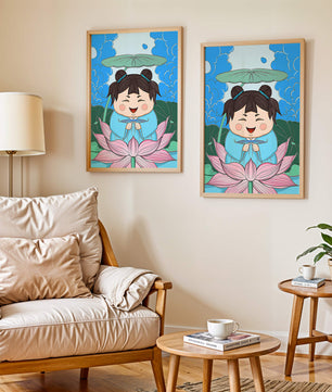 Whimsical illustration of a joyful child with lotus and umbrella