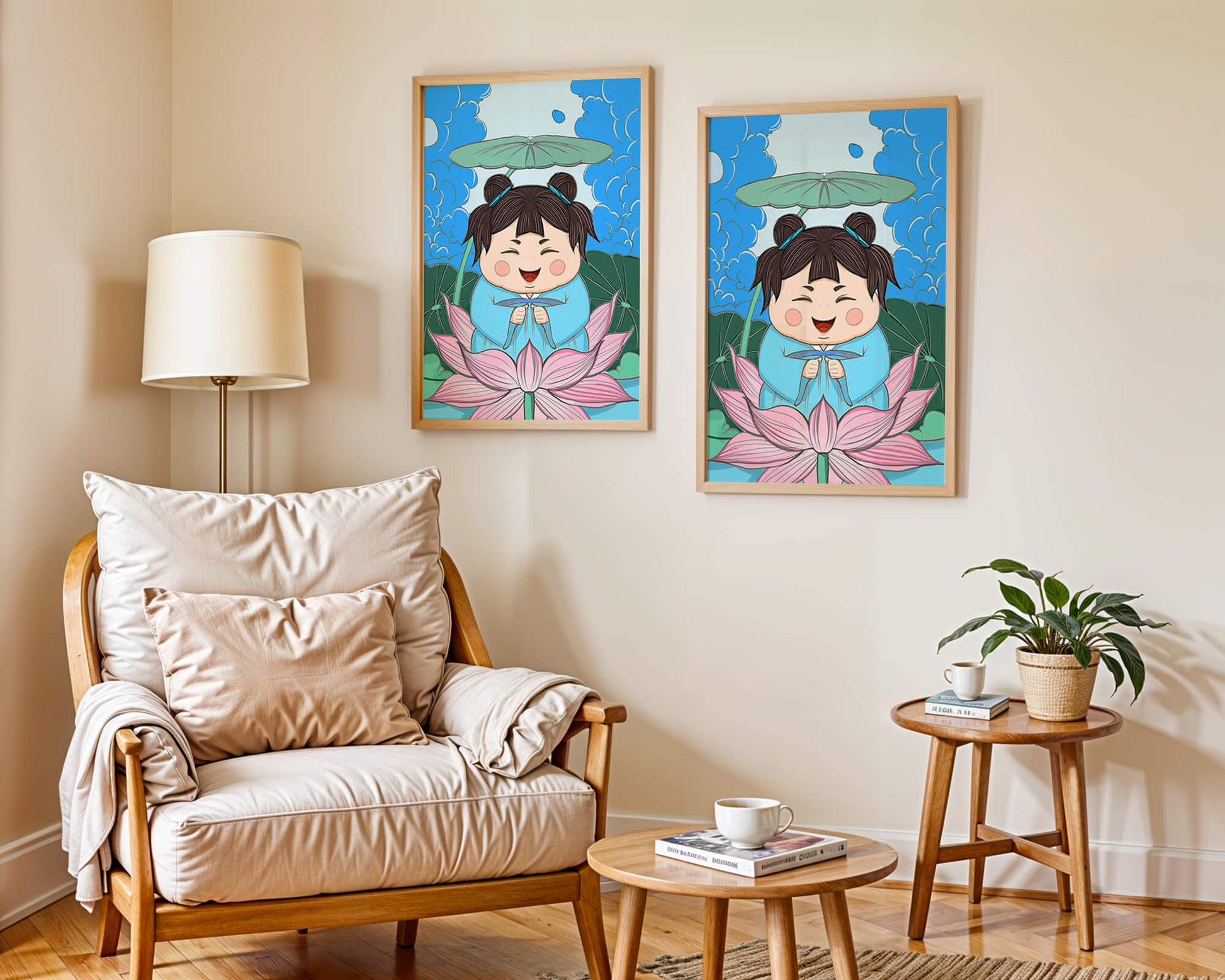 Whimsical illustration of a joyful child with lotus and umbrella