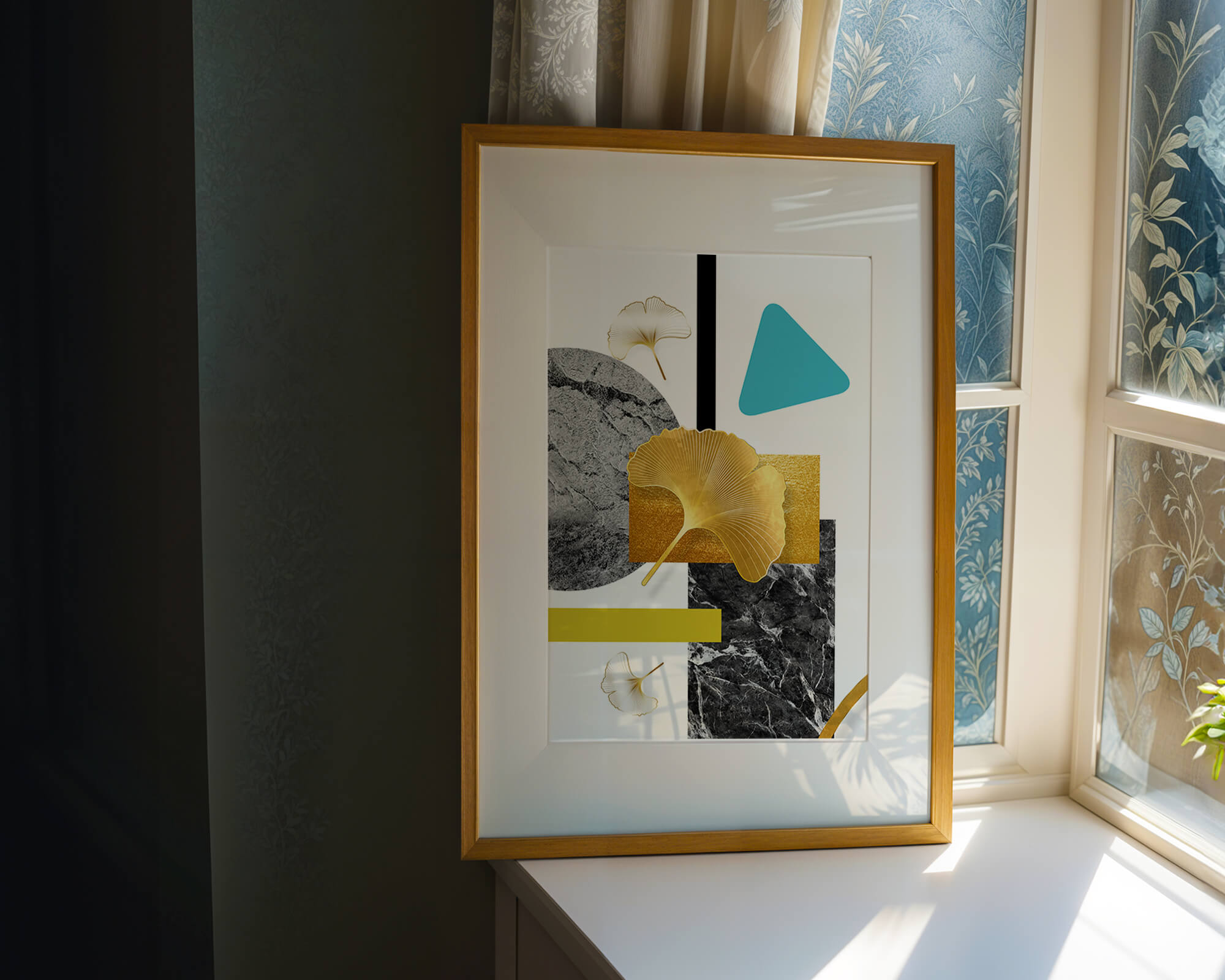 Geometric Abstract Composition with Gold Ginkgo Leaves